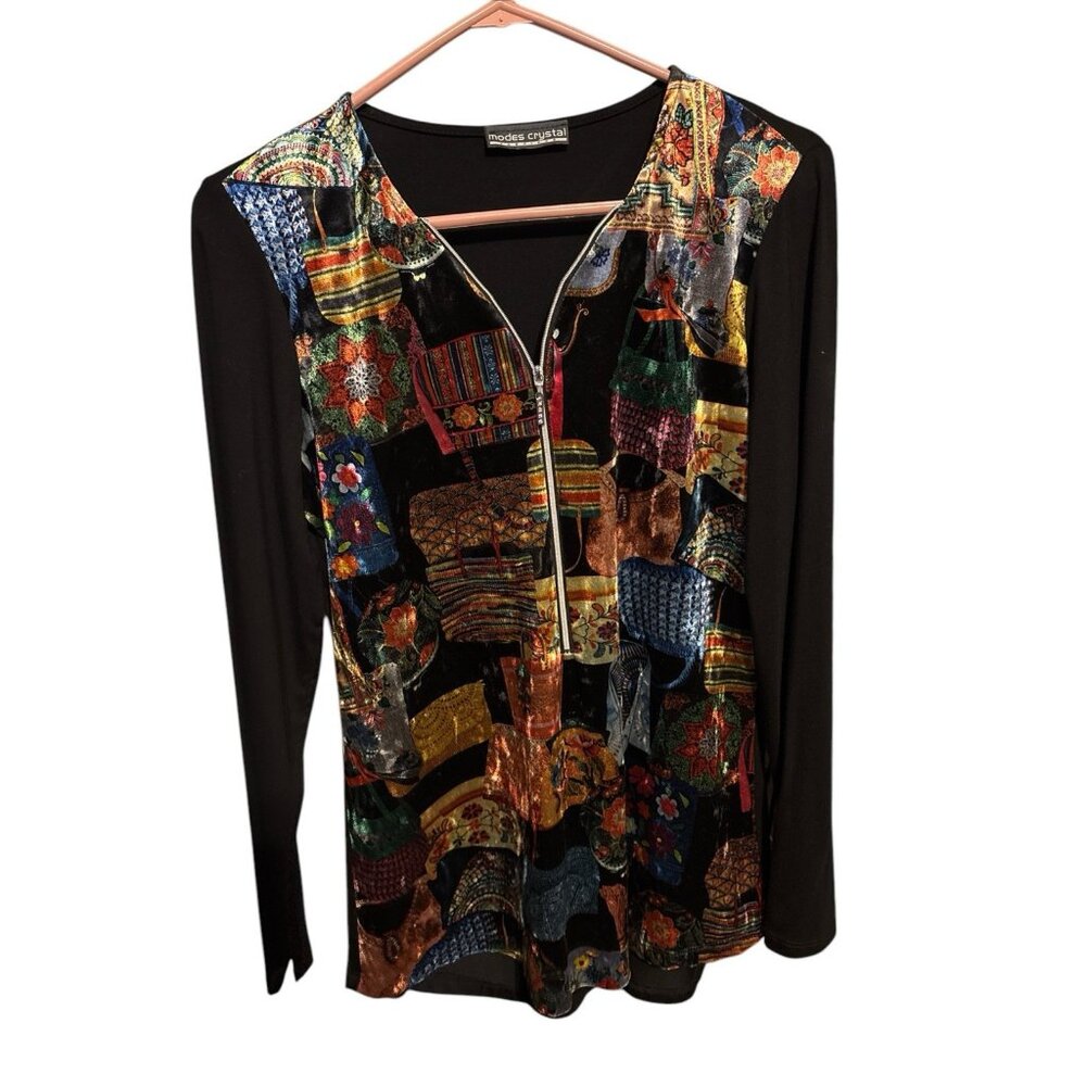 Modes Crystal Velvet Zip Front Long Sleeve Ladies Top Blouse No Tags